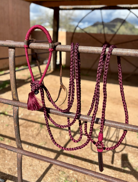 Lariat Braided Core Hackamore and Mecate Set: Fits most Horses - All Burgundy (hanger and popper styles vary)