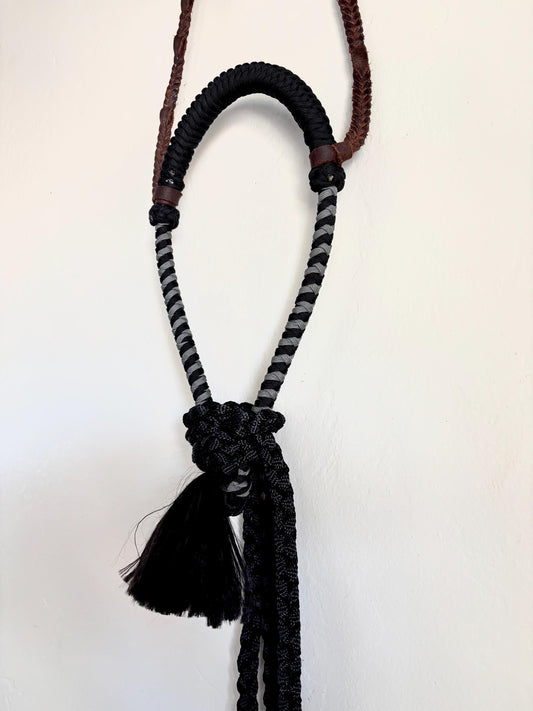 Lariat Hackamore and Mecate with Hanger - Fits most Horses - Braided Core - Grey and Black