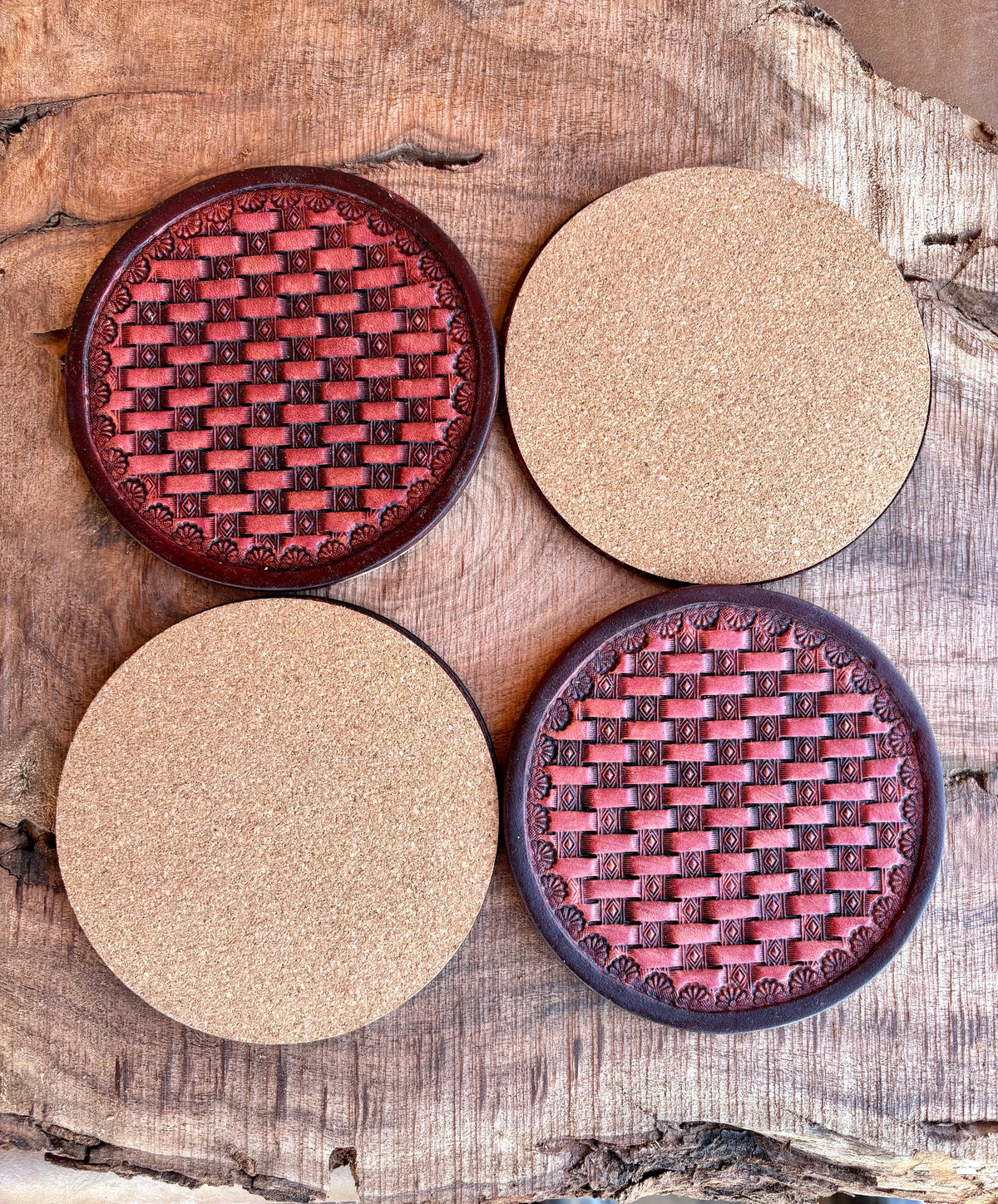 Handcrafted Leather Coasters Set of 4 - Mahogany stain