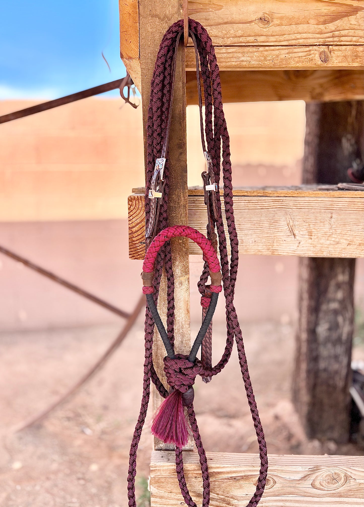 Lariat Hackamore and Mecate Full Setup: Fits most Horses - Color Burgundy