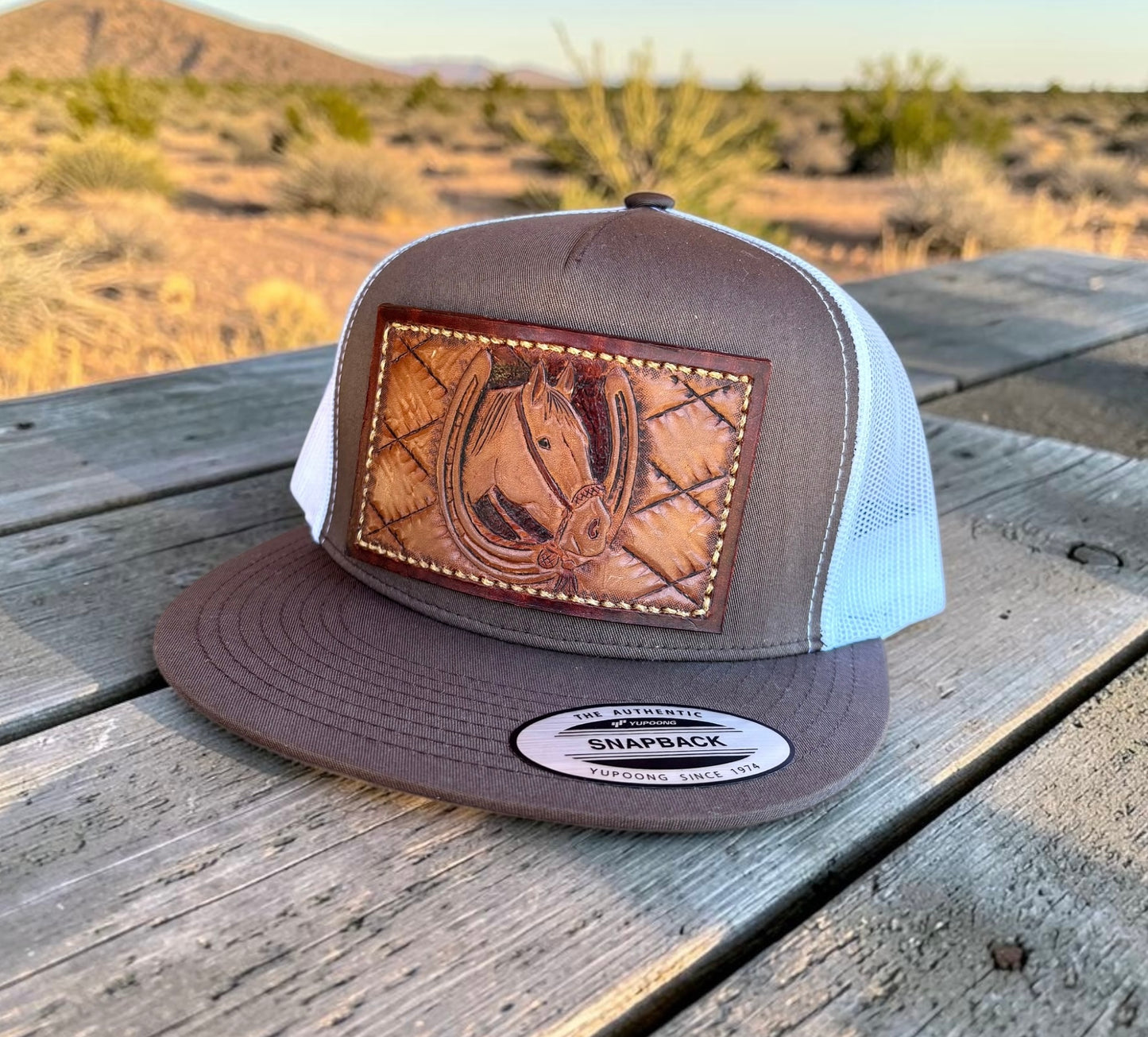 Hackamore Horse Leather Patch Flat Bill Trucker Hat - Adult Snapback