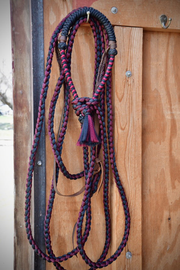 Lariat Hackamore and Mecate with Hanger - Fits most Horses - Braided Core - Burgundy and Black