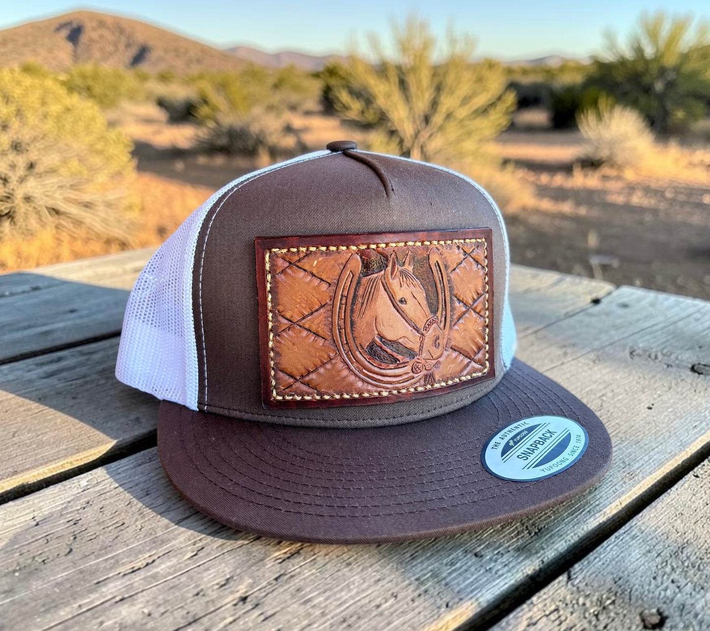 Hackamore Horse Leather Patch Flat Bill Trucker Hat - Adult Snapback