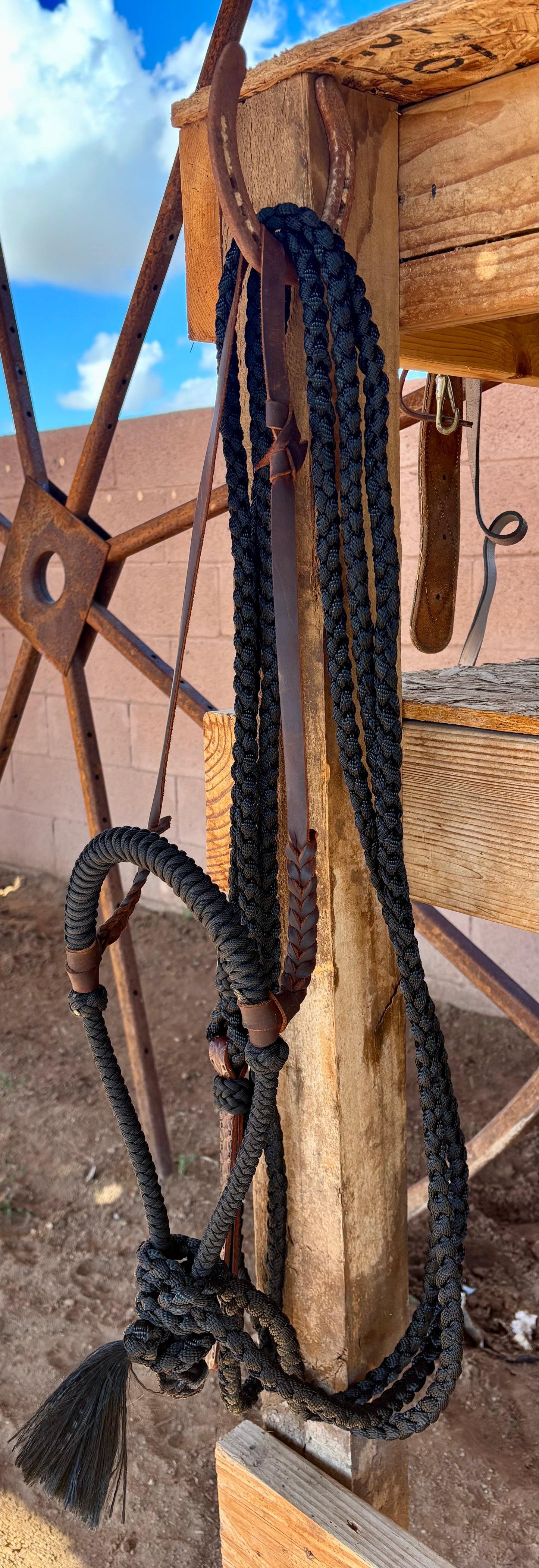 Lariat Braided Core Hackamore and Mecate with Hanger - Fits most Horses - Black (hanger and popper styles vary)