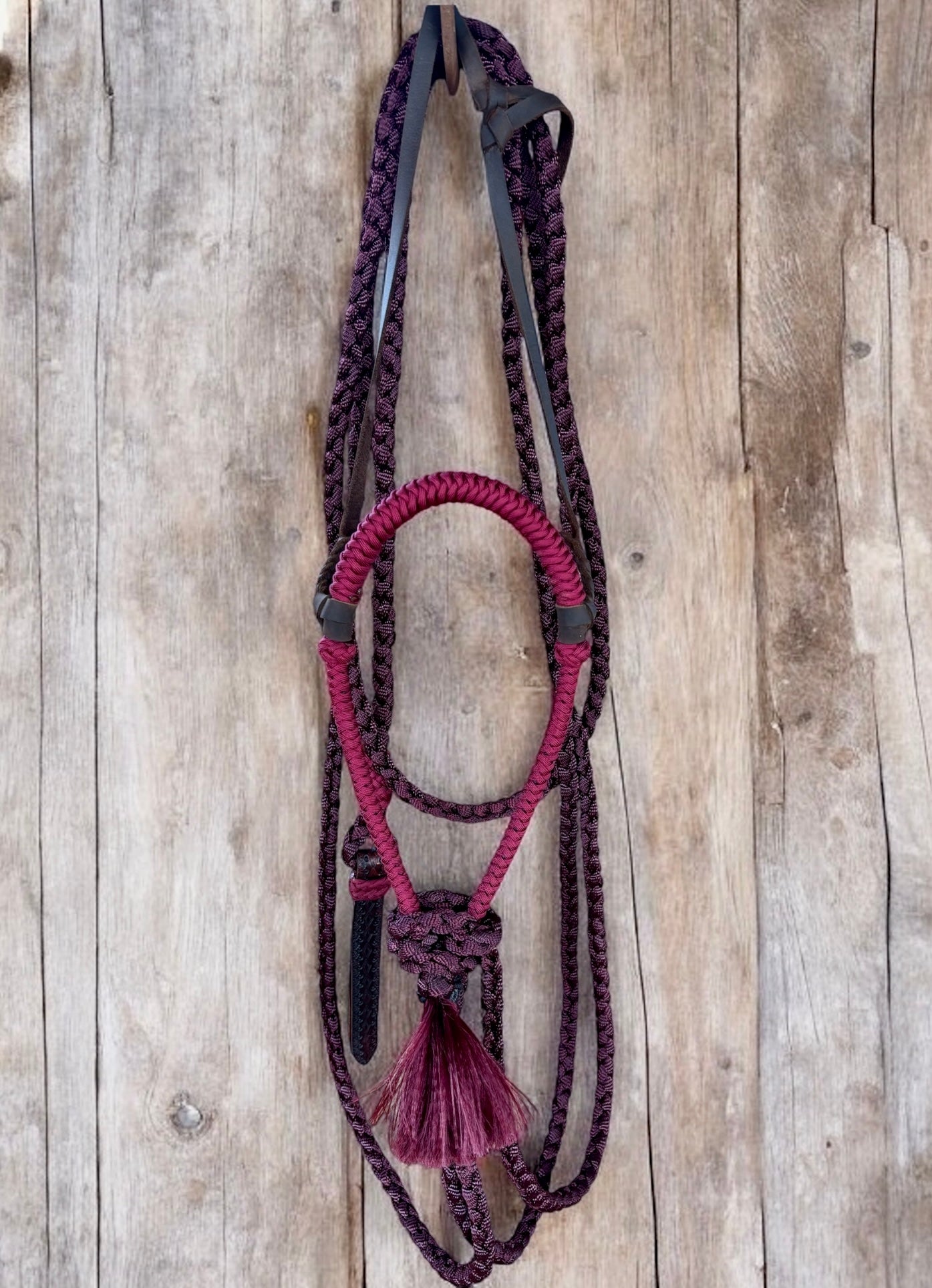 Lariat Braided Core Hackamore and Mecate Set: Fits most Horses - All Burgundy (hanger and popper styles vary)