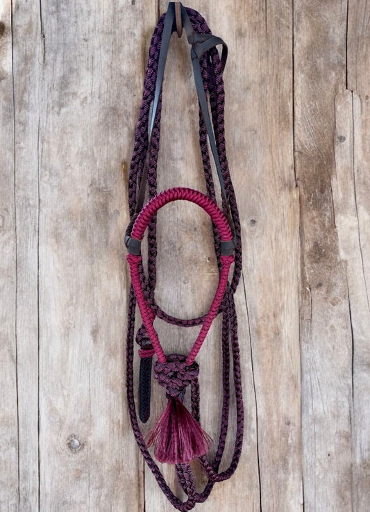 Lariat Braided Core Hackamore and Mecate Set: Fits most Horses - All Burgundy (hanger and popper styles vary)