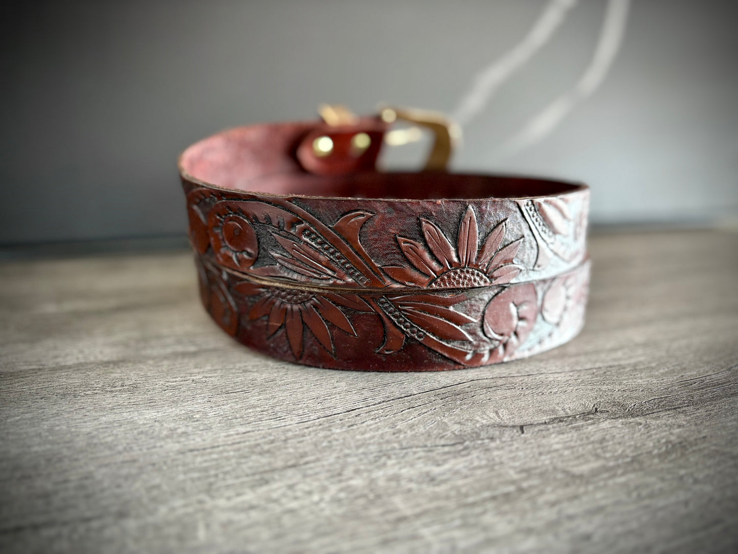 Handmade Leather Belt with Buckle, Sunflower/Floral Western Belt - Hermann Oak Leather
