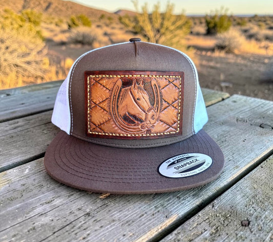 Hackamore Horse Leather Patch Flat Bill Trucker Hat - Adult Snapback