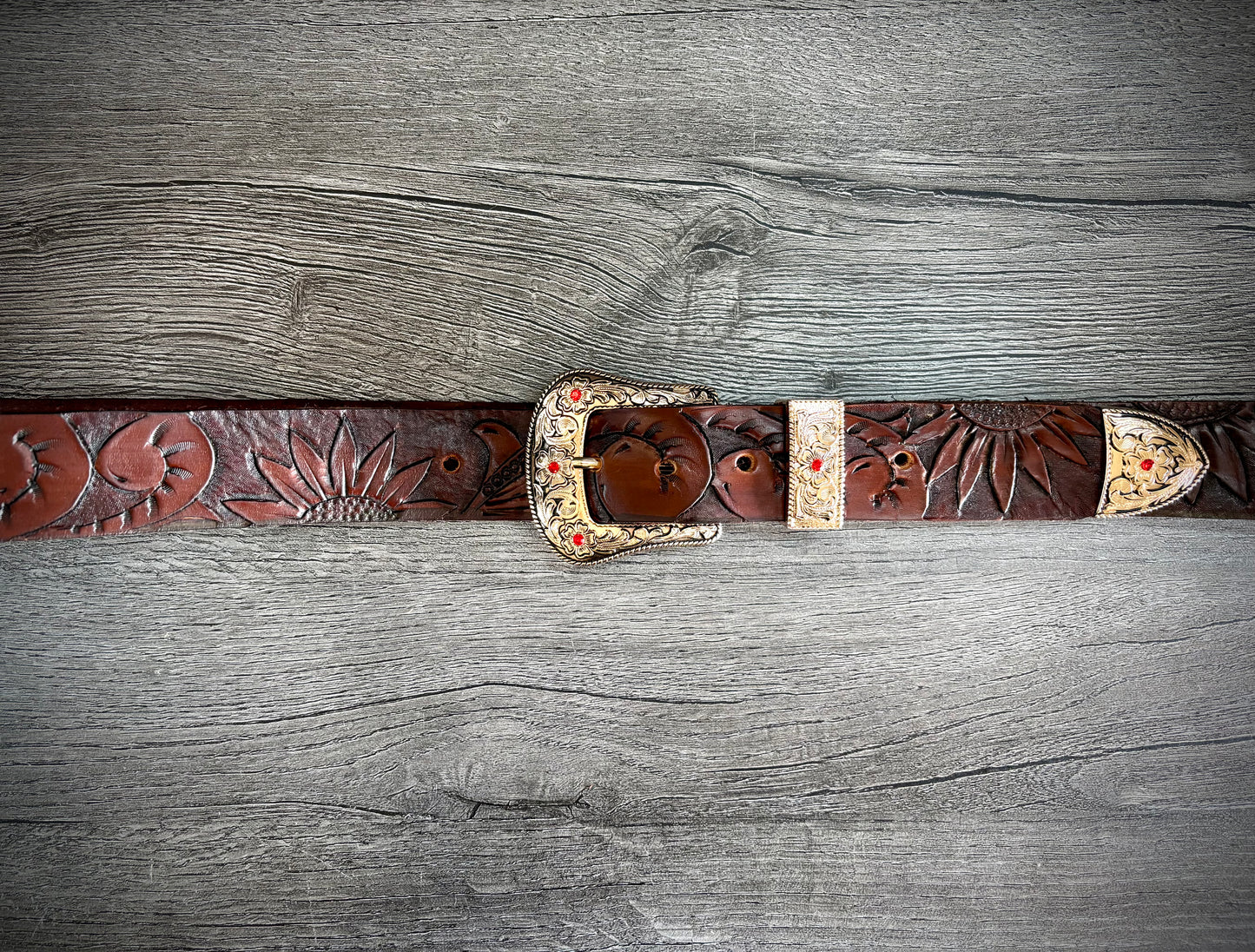 Handmade Leather Belt with Buckle, Sunflower/Floral Western Belt - Hermann Oak Leather