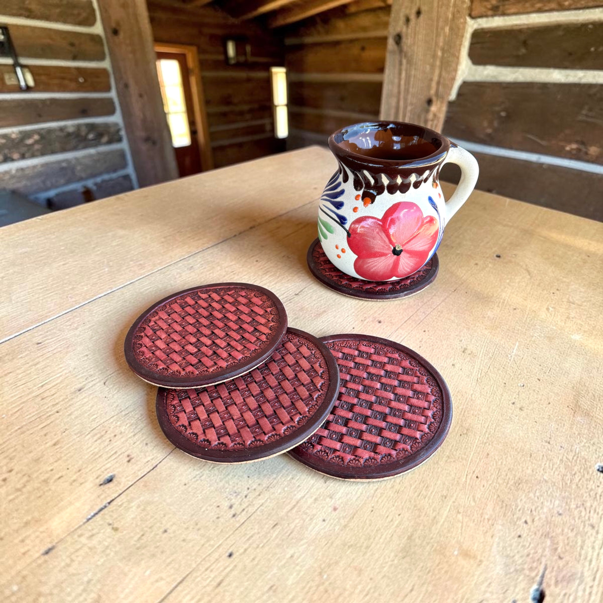 Handcrafted Leather Coasters Set of 4 - Mahogany stain