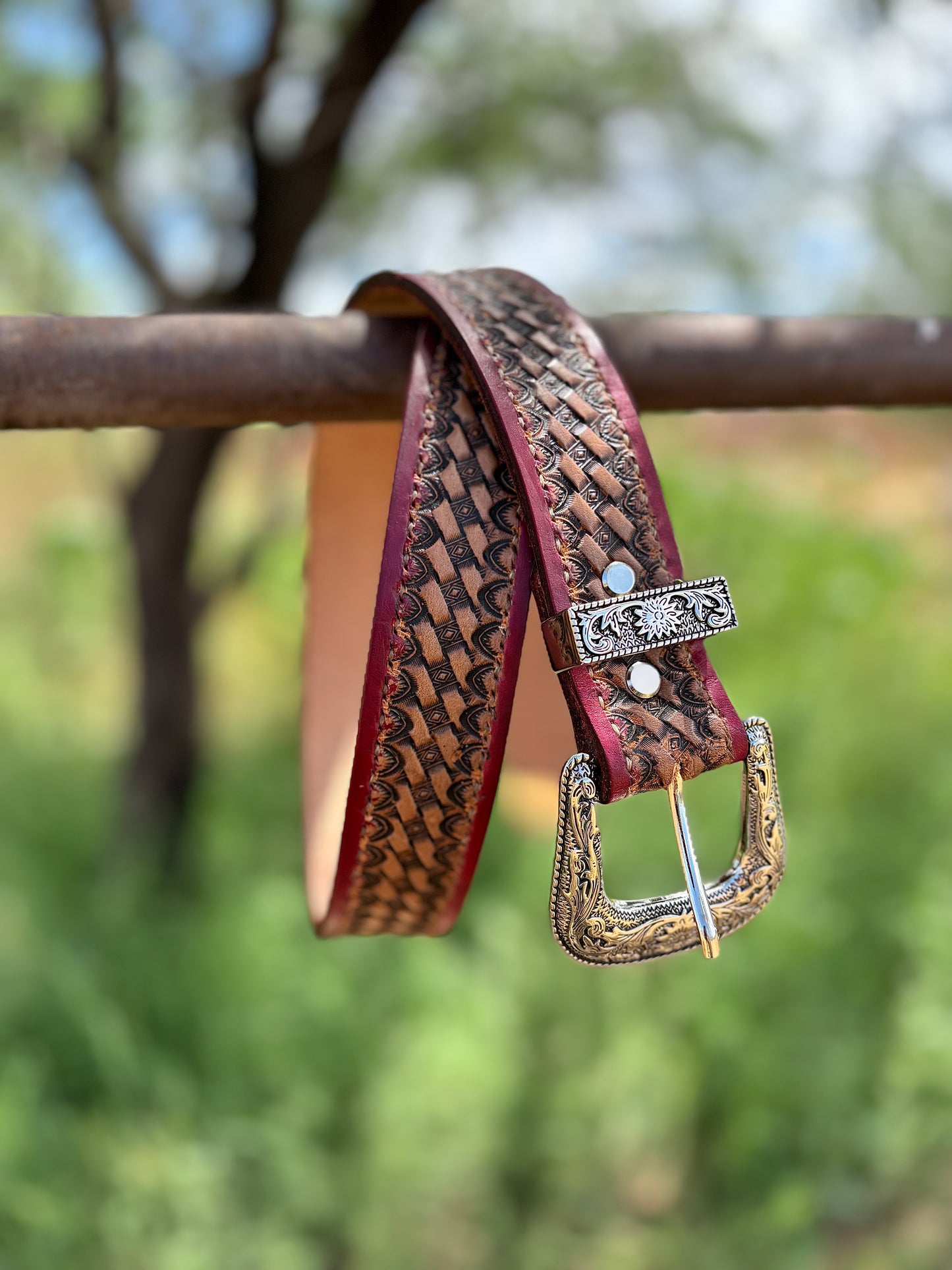 Handmade Leather Belt with Silver Buckle - Antique Finish with Red Border