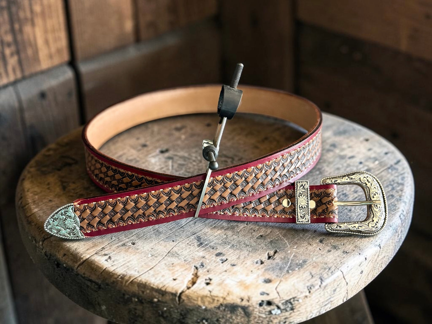 Handmade Leather Belt with Silver Buckle - Antique Finish with Red Border