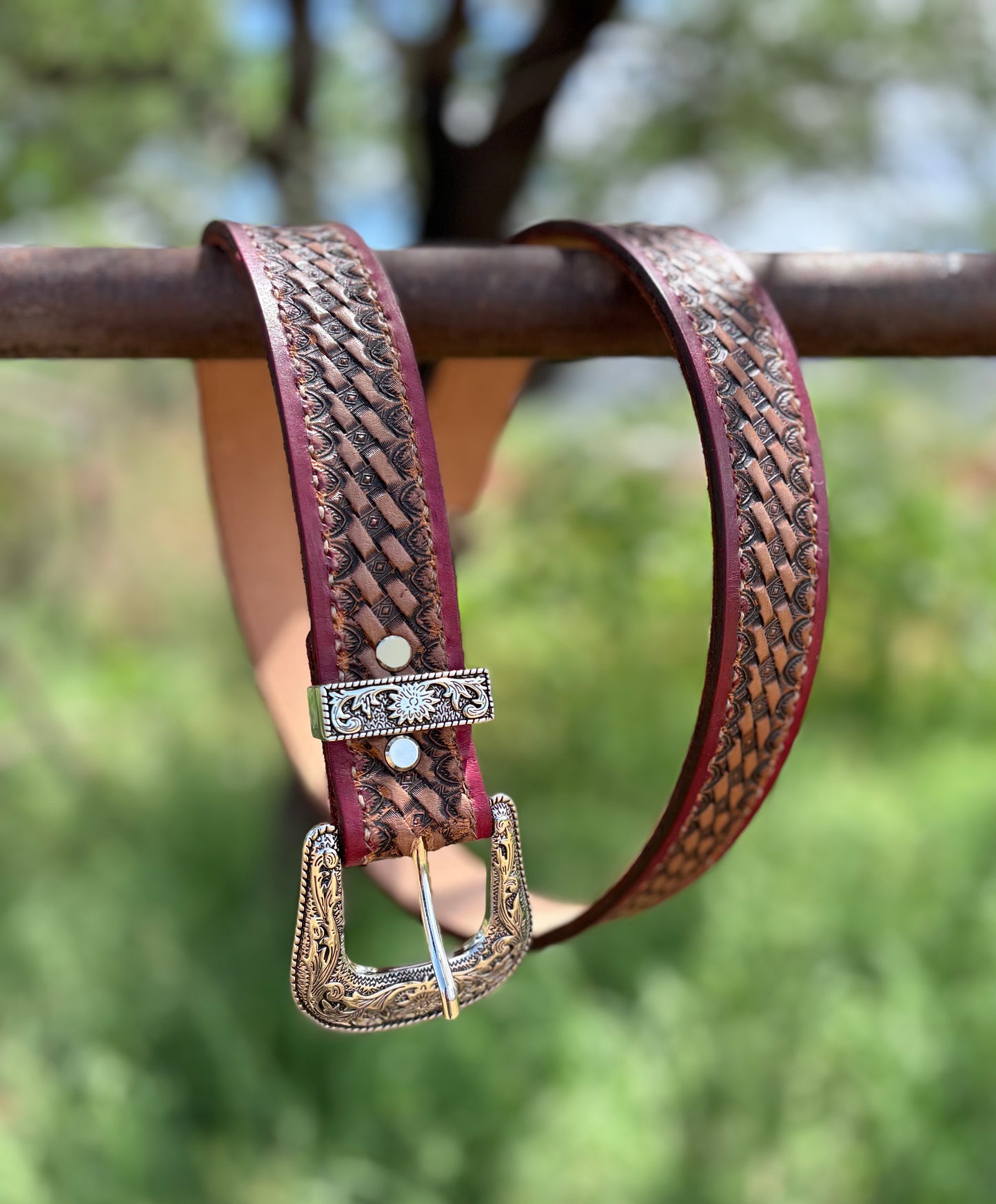 Handmade Leather Belt with Silver Buckle - Antique Finish with Red Border