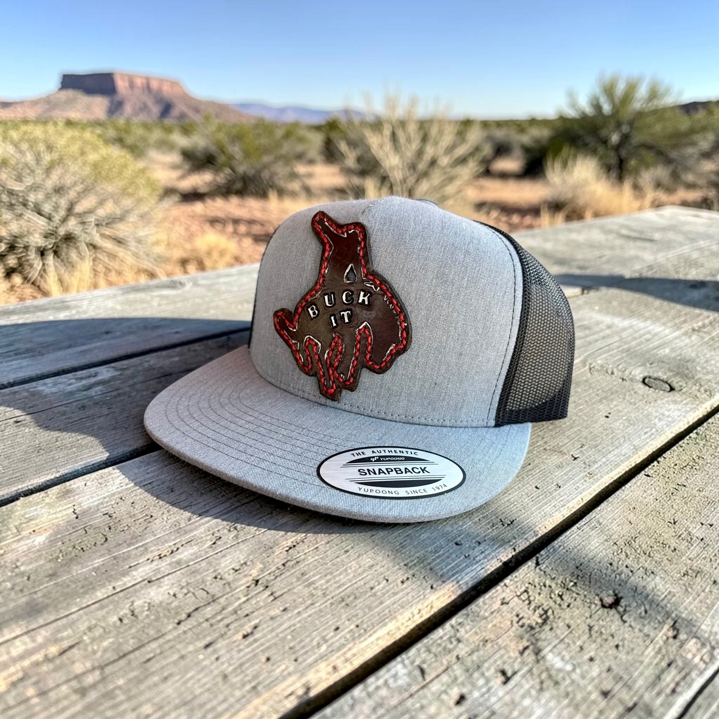 BUCK IT Signature Leather Patch Flat Bill Trucker Hat - Adult Snapback