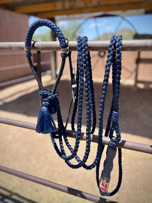 Lariat Hackamore and Mecate Full Setup: Fits most Horses - Color Navy Blue - Doc Holliday Tribute