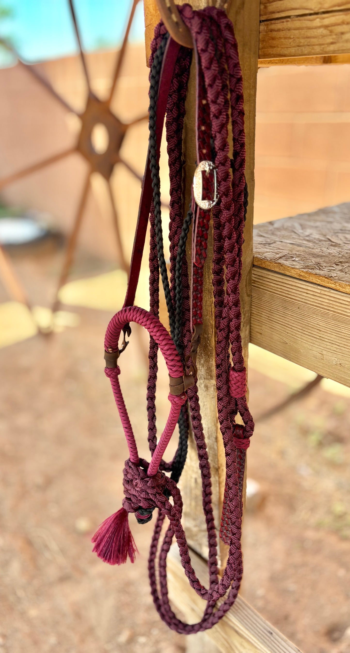 Personalized Hackamore and Mecate Set - Burgundy Color (Full Setup)