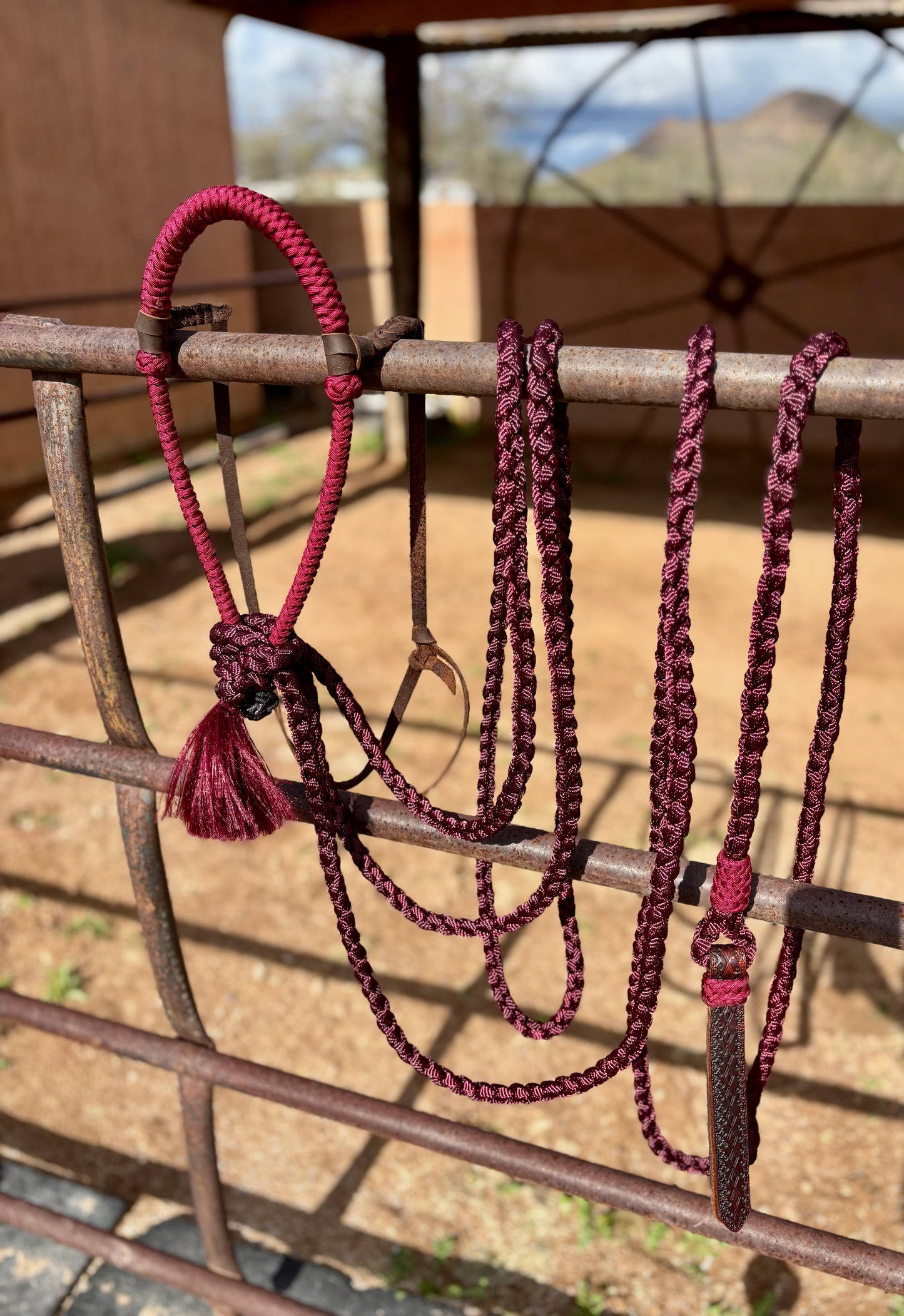 Lariat Braided Core Hackamore and Mecate Set: Fits most Horses - All Burgundy (hanger and popper styles vary)