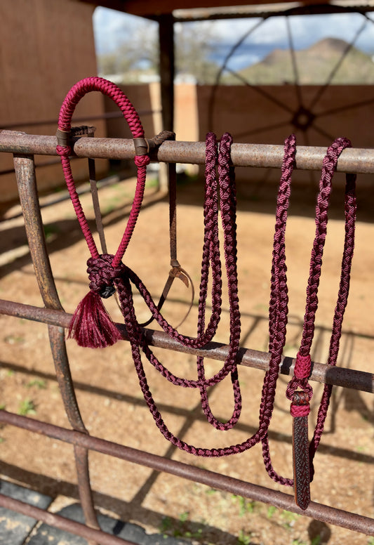 Lariat Hackamore and Mecate Set: Fits most Horses - All Burgundy (hanger and popper styles vary)