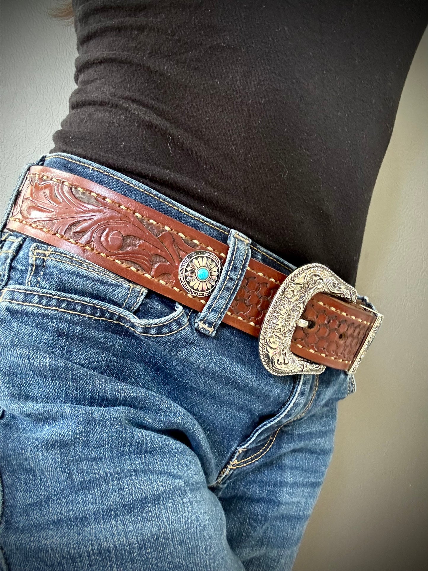 Handmade Leather Belt with Silver Buckle and Conchos, Tooled Leather Belt, Western Belt, Western Gifts- Hermann Oak