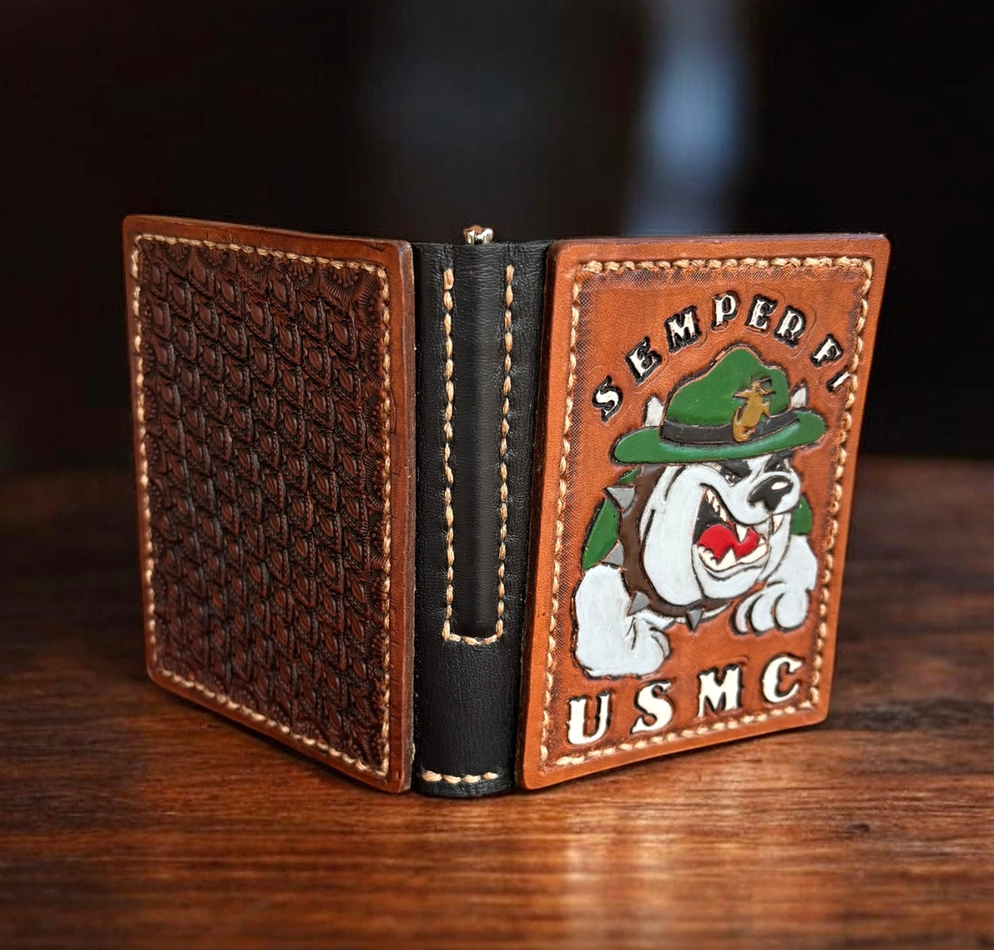 USMC Devil Dog Money Book Wallet - Hermann Oak Leather