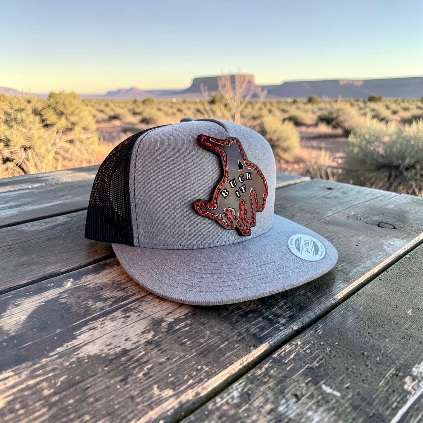 BUCK IT Signature Leather Patch Flat Bill Trucker Hat - Adult Snapback
