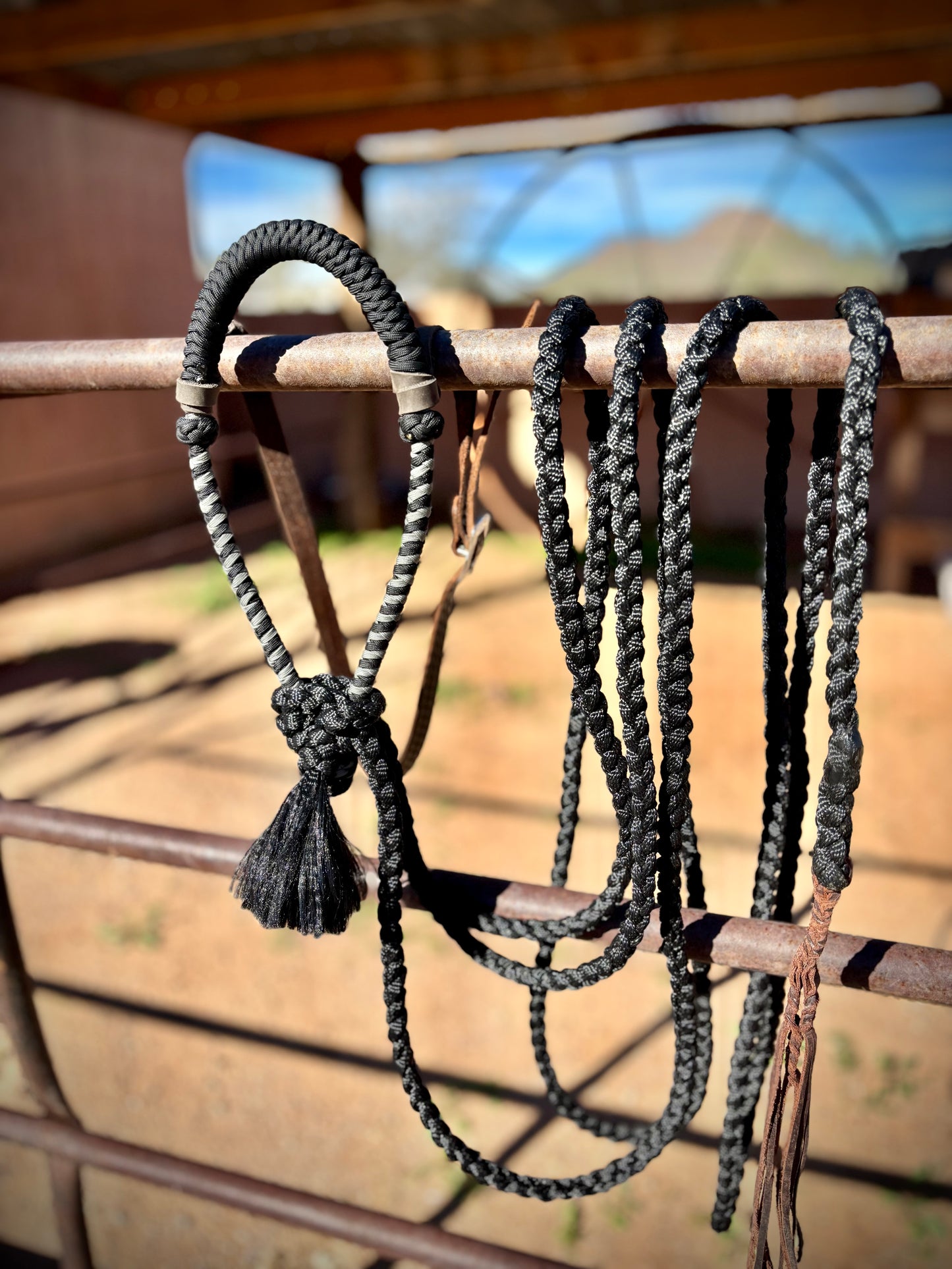 Lariat Hackamore and Mecate with Hanger - Fits most Horses - Braided Core - Grey and Black