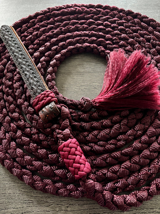 Mule Tape Mecate Rein for Hackamore- Color Burgundy - Does NOT include Hackamore