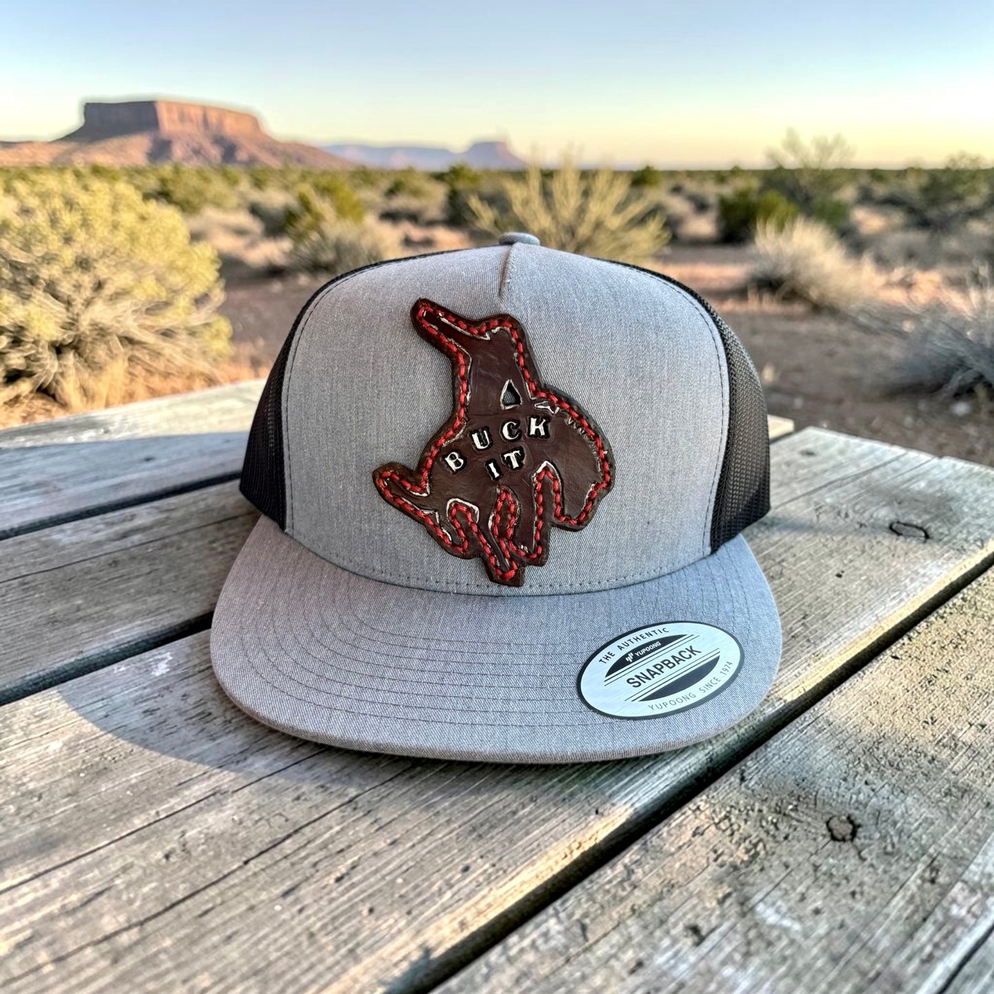 BUCK IT Signature Leather Patch Flat Bill Trucker Hat - Adult Snapback