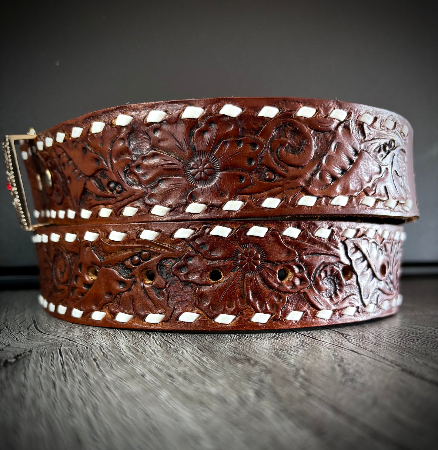 Handmade Leather Belt with Buckle, Sunflower/Floral