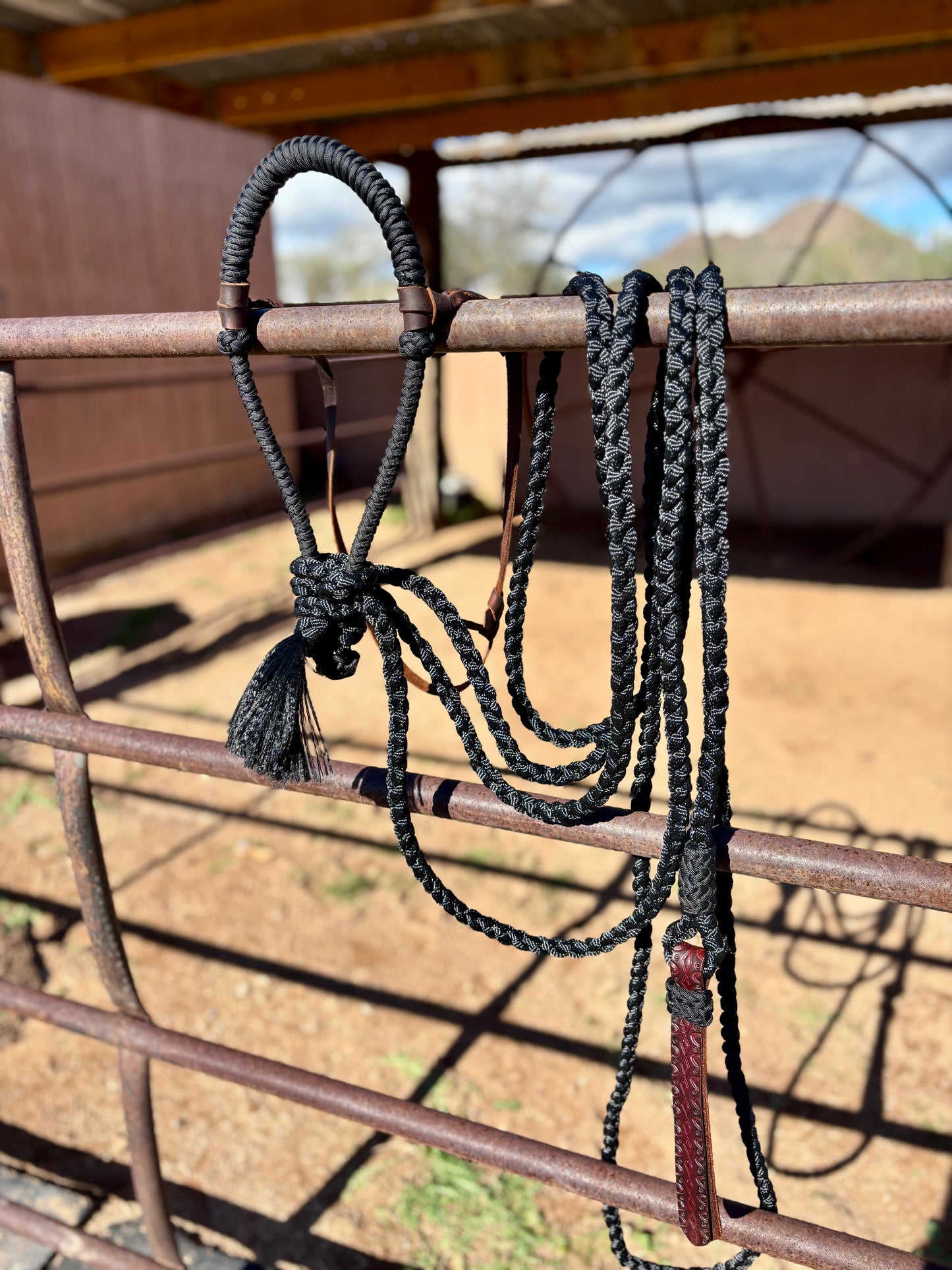 Lariat Braided Core Hackamore and Mecate with Hanger - Fits most Horses - Black (hanger and popper styles vary)