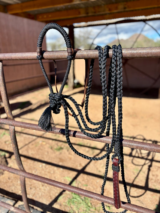 Lariat Braided Core Hackamore and Mecate with Hanger - Fits most Horses - Black (hanger and popper styles vary)