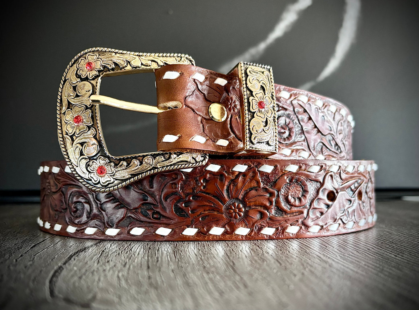 Handmade Leather Belt with Buckle, Sunflower/Floral
