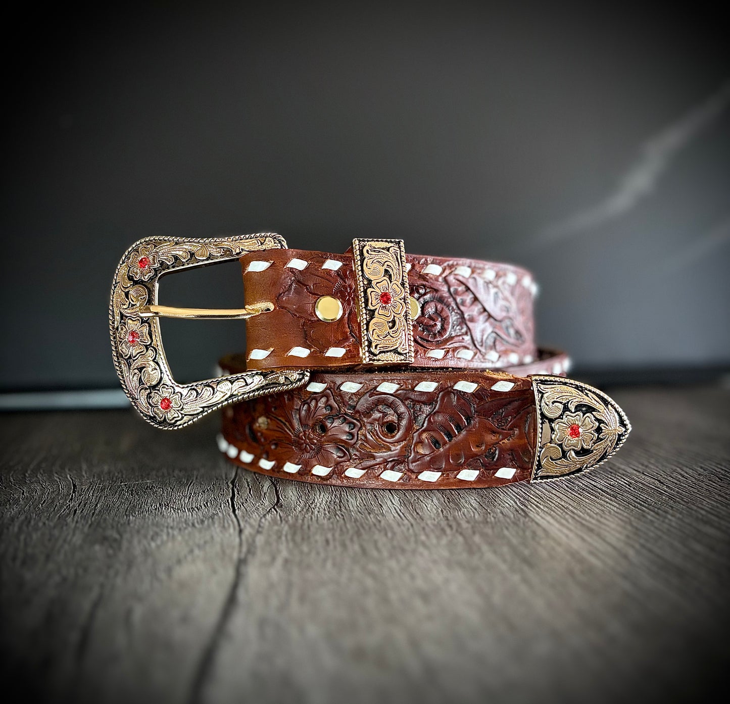 Handmade Leather Belt with Buckle, Sunflower/Floral