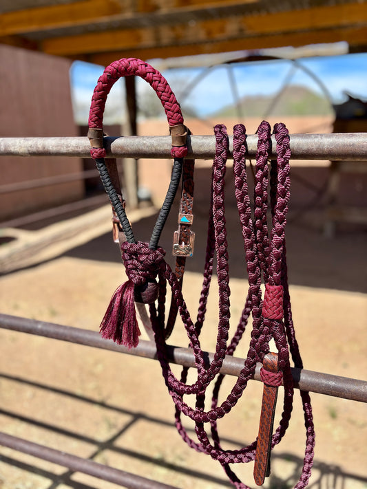 Lariat Hackamore and Mecate Full Setup: Fits most Horses - Color Burgundy