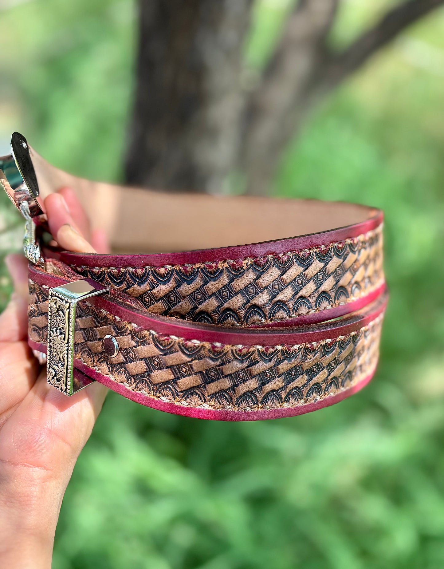 Handmade Leather Belt with Silver Buckle - Antique Finish with Red Border