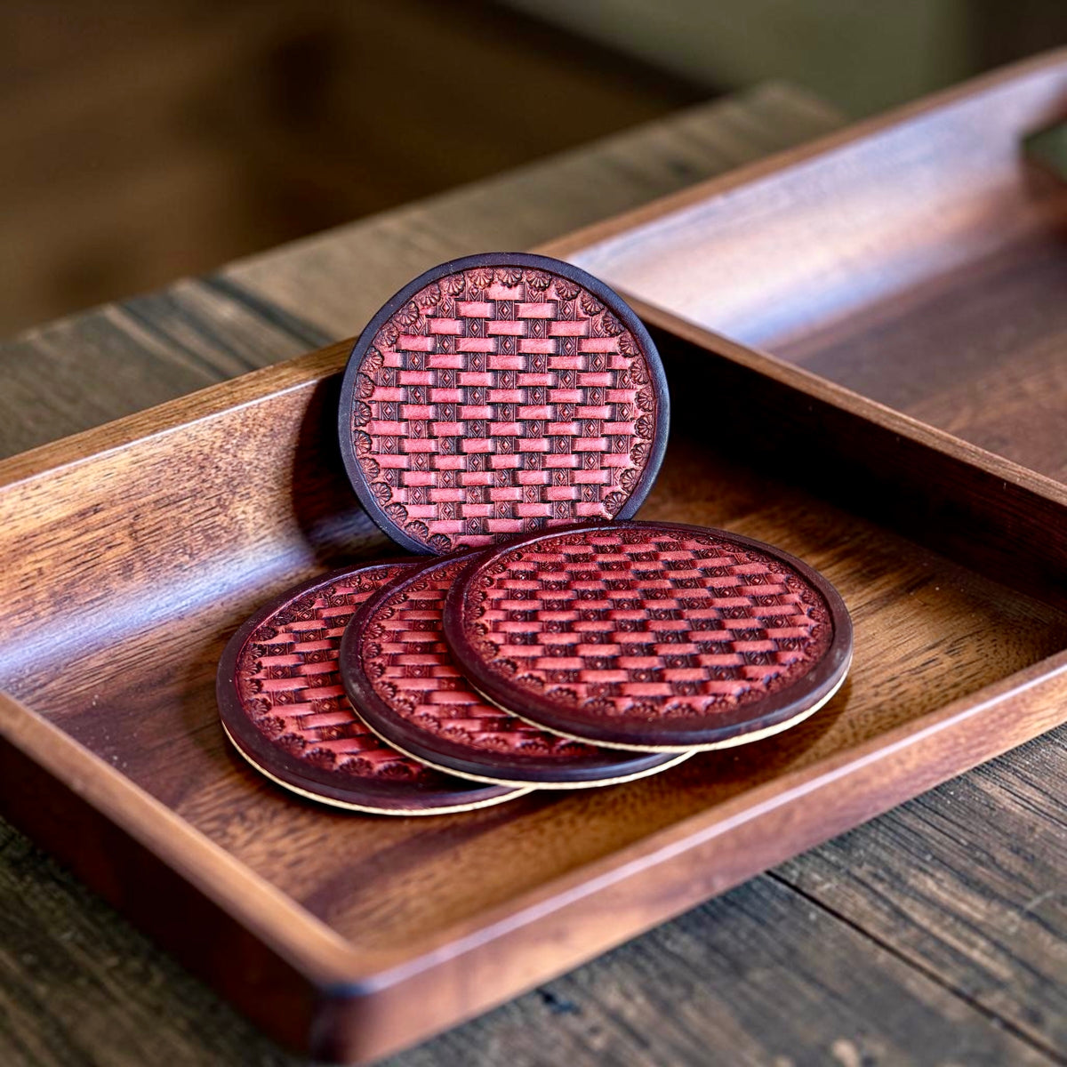 Handcrafted Leather Coasters Set of 4 - Mahogany stain