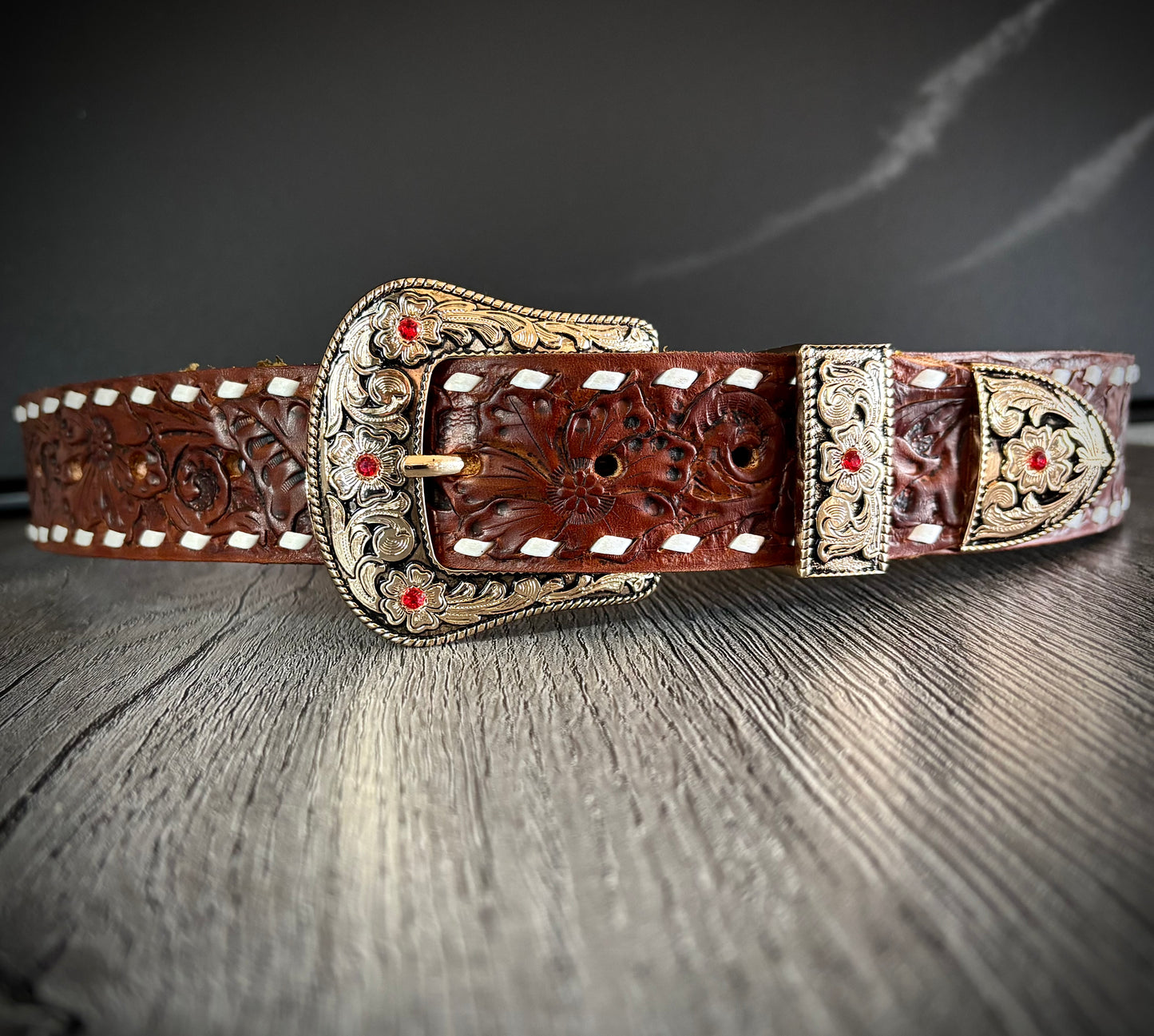 Handmade Leather Belt with Buckle, Sunflower/Floral