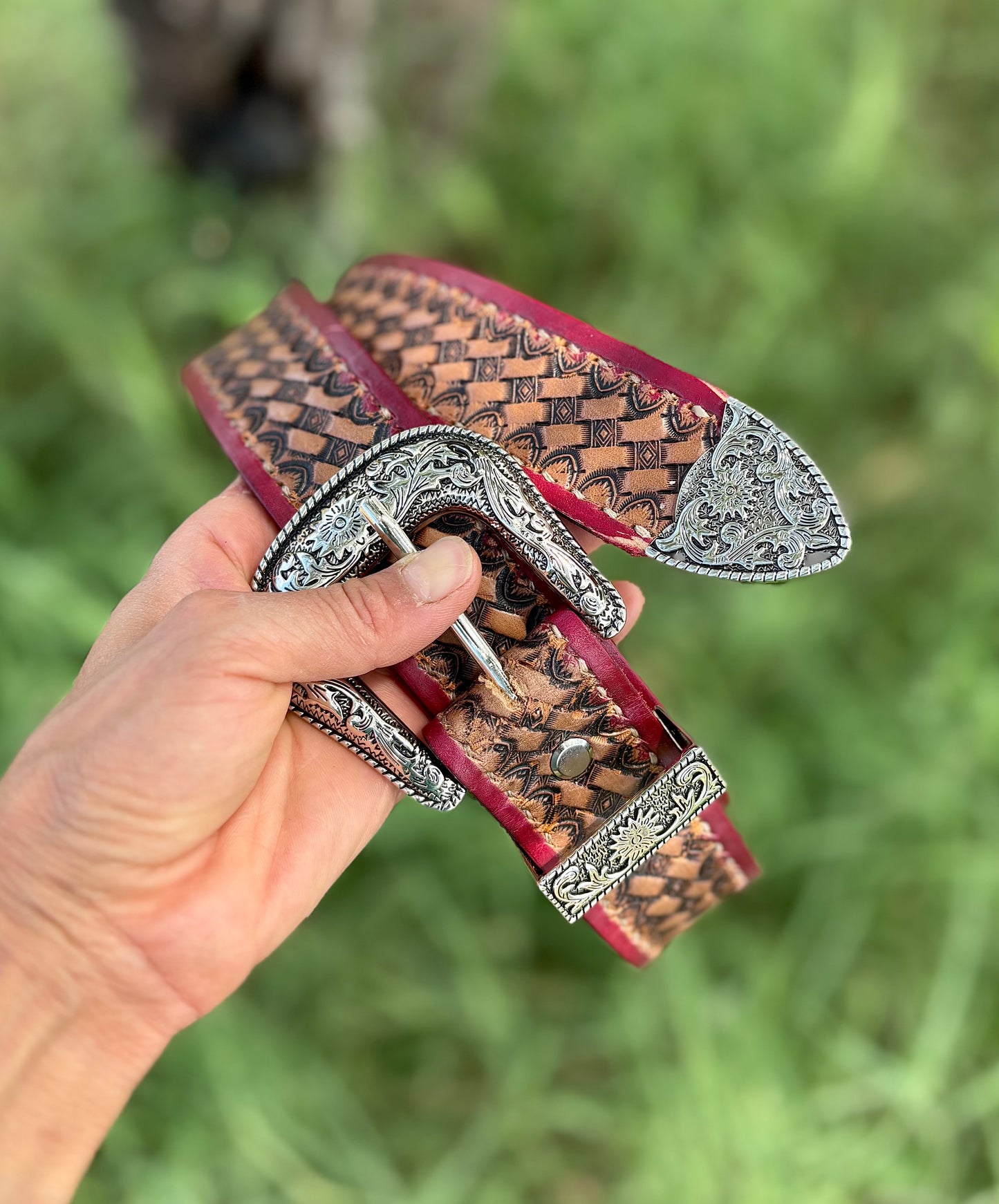 Handmade Leather Belt with Silver Buckle - Antique Finish with Red Border