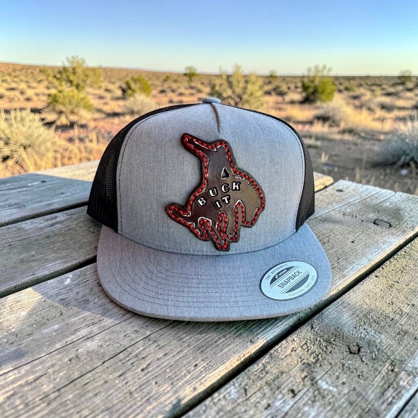 BUCK IT Signature Leather Patch Flat Bill Trucker Hat - Adult Snapback