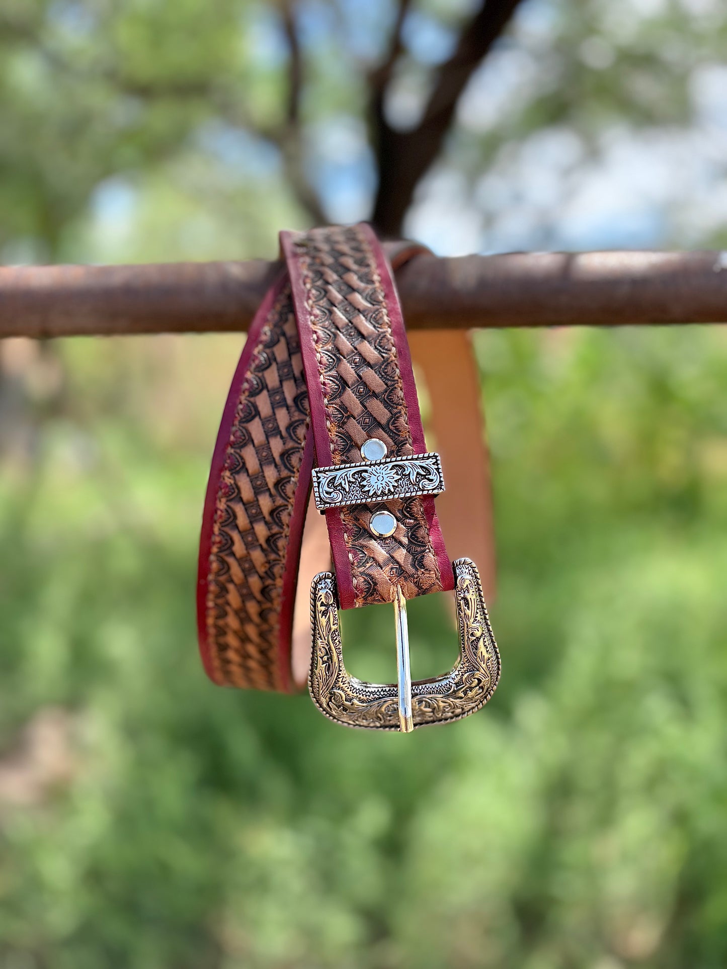Handmade Leather Belt with Silver Buckle - Antique Finish with Red Border
