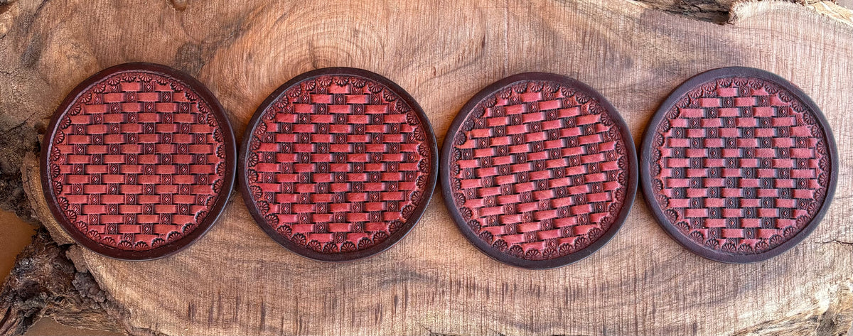 Handcrafted Leather Coasters Set of 4 - Mahogany stain