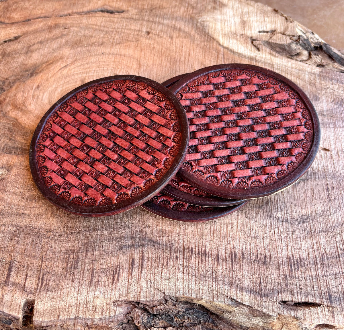 Handcrafted Leather Coasters Set of 4 - Mahogany stain