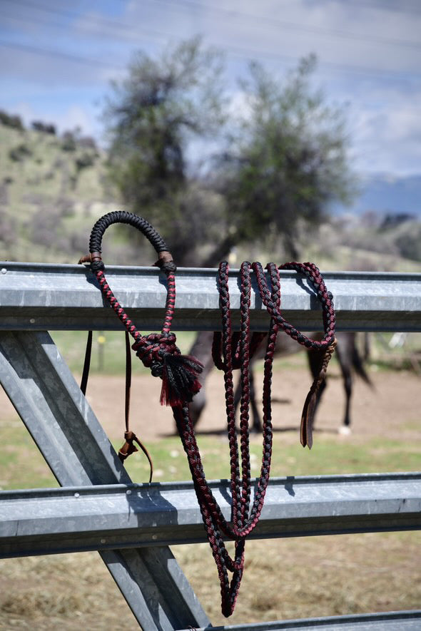 Lariat Hackamore and Mecate with Hanger - Fits most Horses - Braided Core - Burgundy and Black