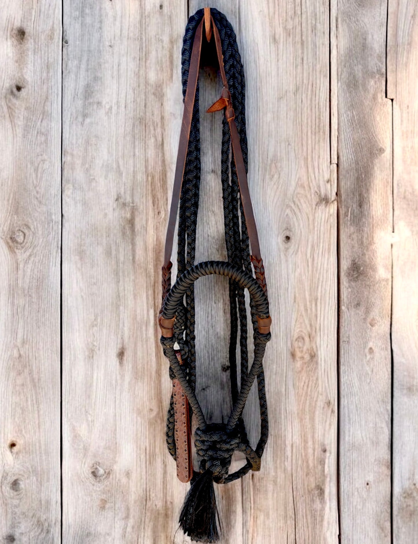 Lariat Braided Core Hackamore and Mecate with Hanger - Fits most Horses - Black (hanger and popper styles vary)