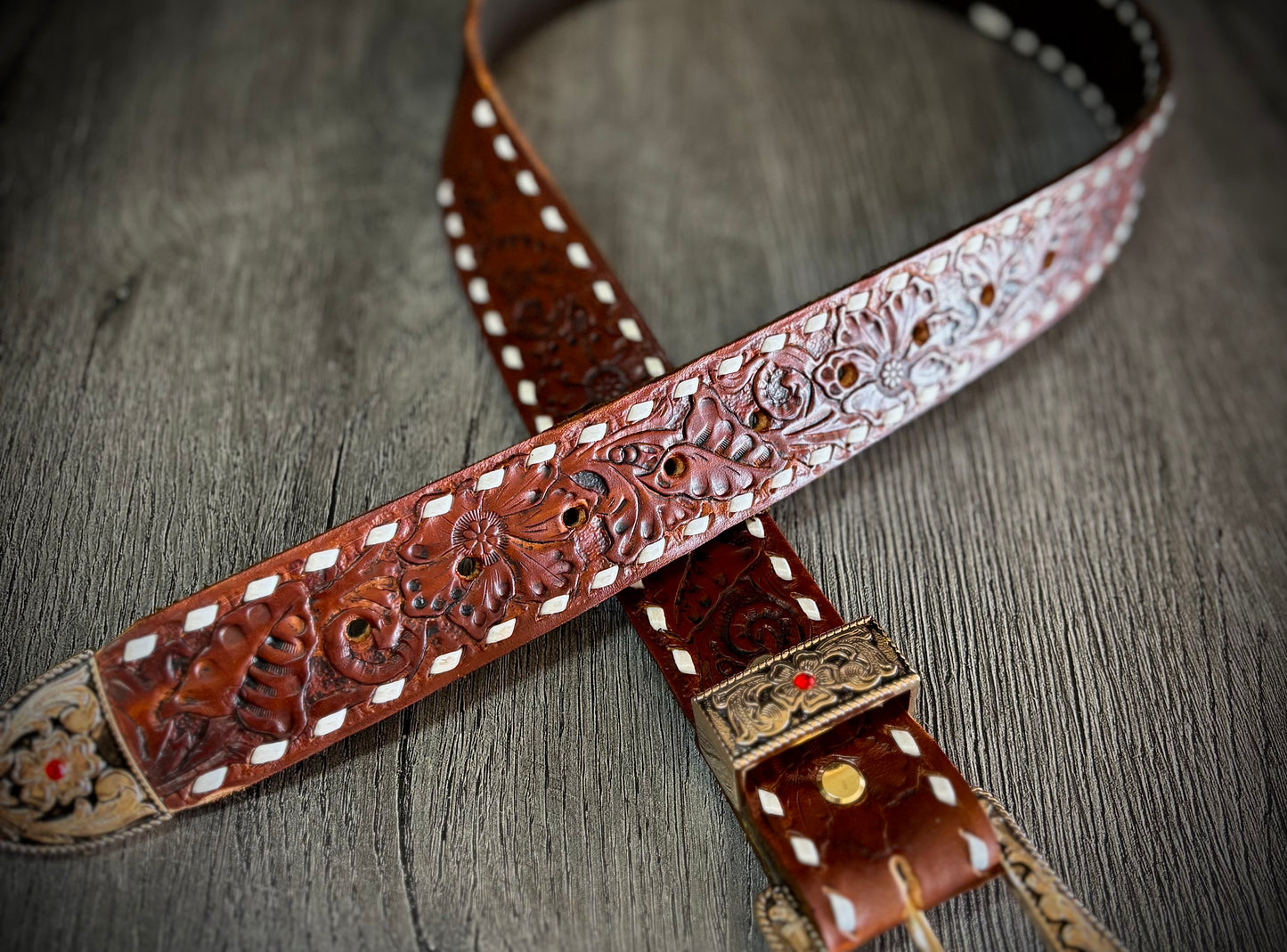 Handmade Leather Belt with Buckle, Sunflower/Floral