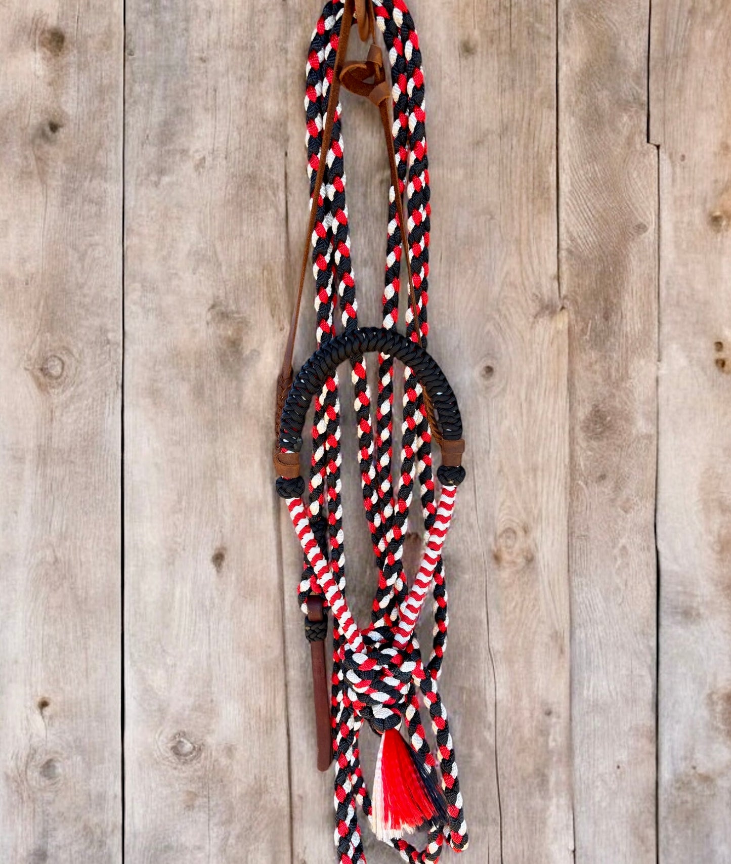Lariat Braided Core Hackamore and Mecate Set: Fits most Horses - Black, Red, and White (hanger and popper styles vary)