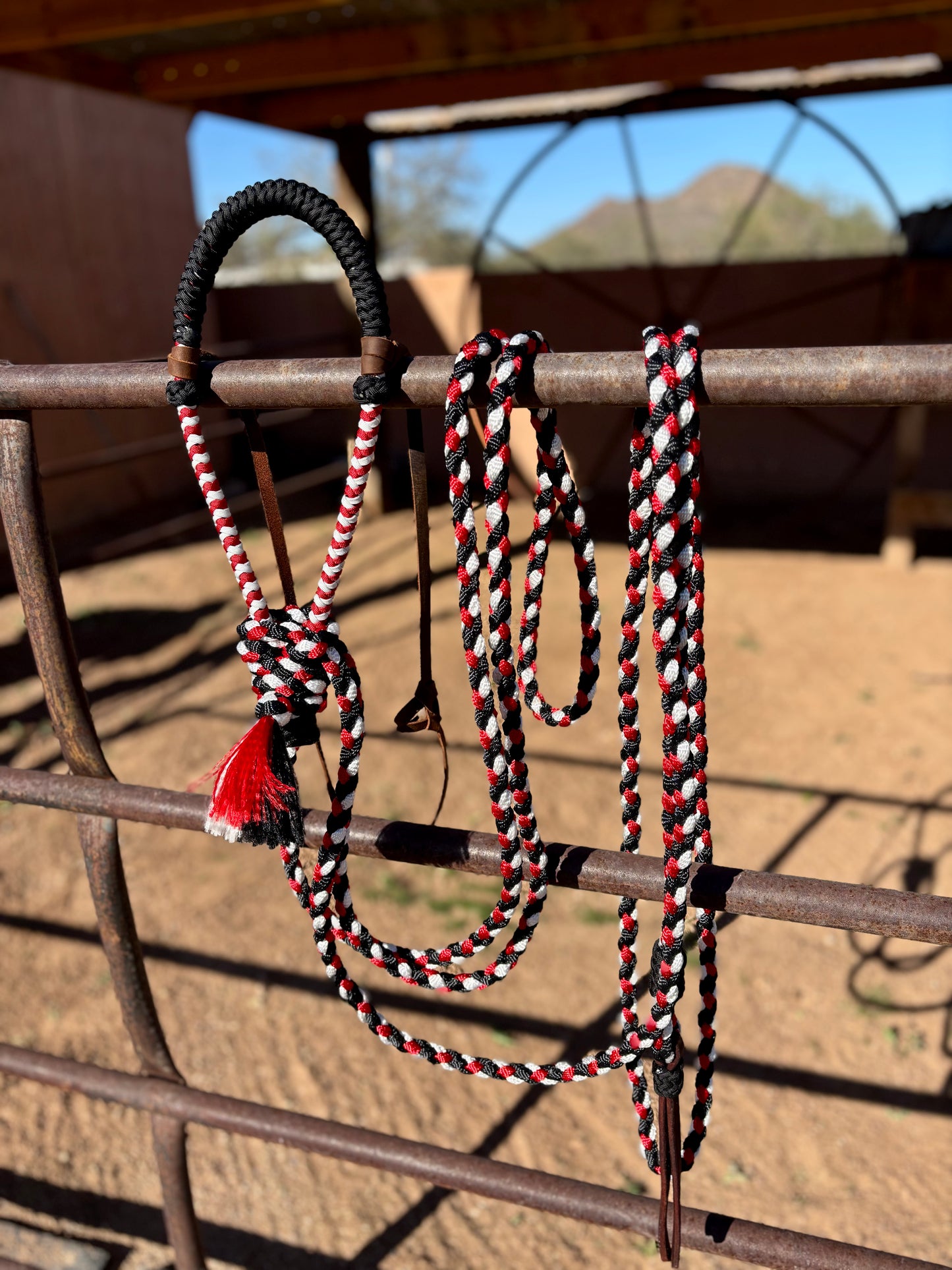 Lariat Braided Core Hackamore and Mecate Set: Fits most Horses - Black, Red, and White (hanger and popper styles vary)