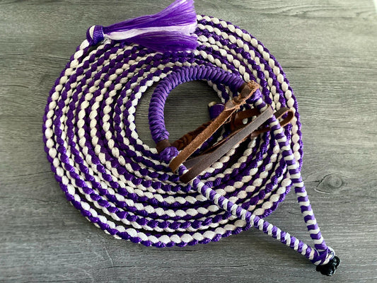 Lariat Hackamore and Mecate with Hanger - Fits most Horses - Braided Core - Purple and White