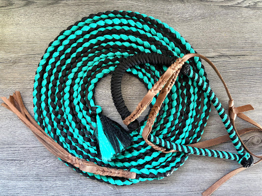 Lariat Hackamore and Mecate with Hanger - Fits most Horses - Braided Core - Teal and Black