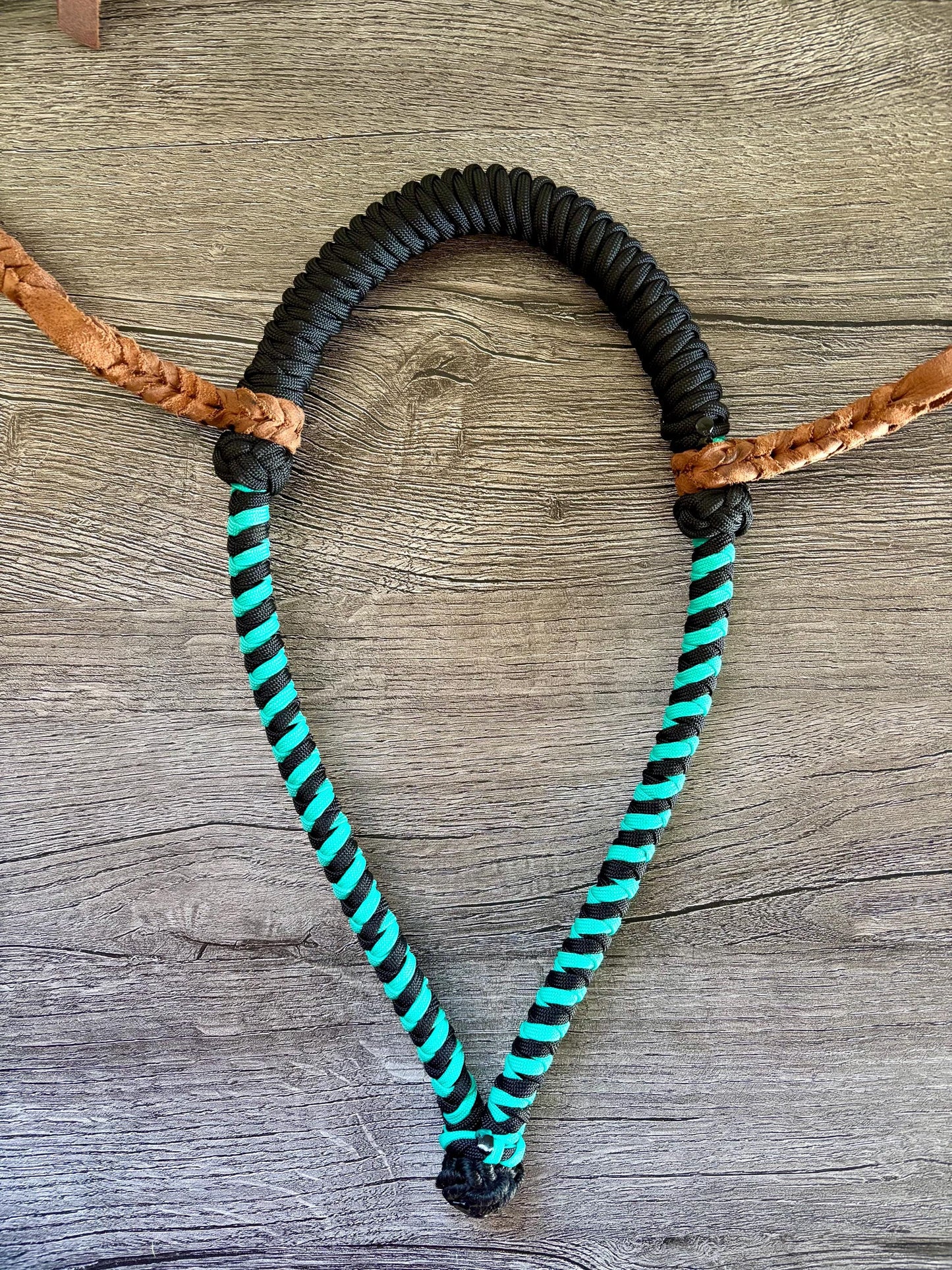 Lariat Hackamore and Mecate with Hanger - Fits most Horses - Braided Core - Teal and Black